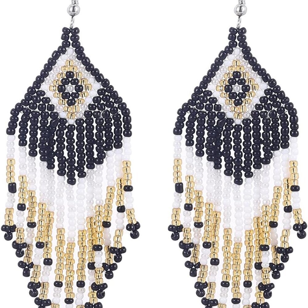 Long Beaded Tassel Earrings - Bohemia Colorful Bead Handmade Beaded Tassel Earri